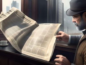 Journalist read old newspaper/FOTOR